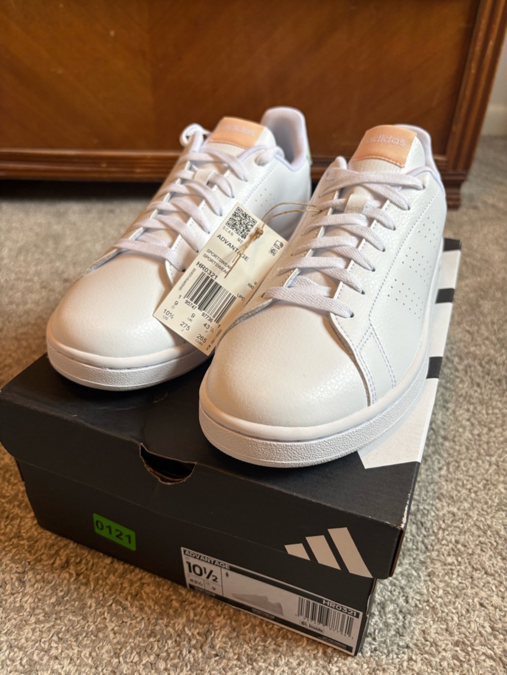 Adidas Advantage White Sneakers with Peach Tongue and Mint Heel